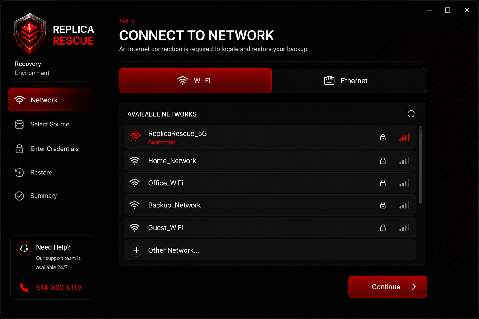 Recovery Environment step 1 — Connect to network