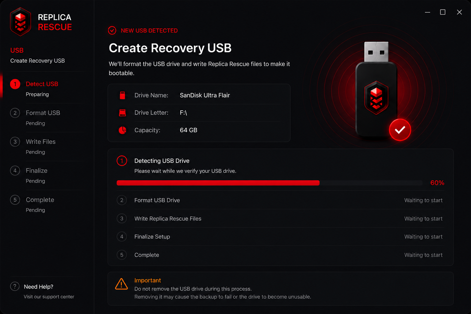 USB drive detected during recovery USB creation