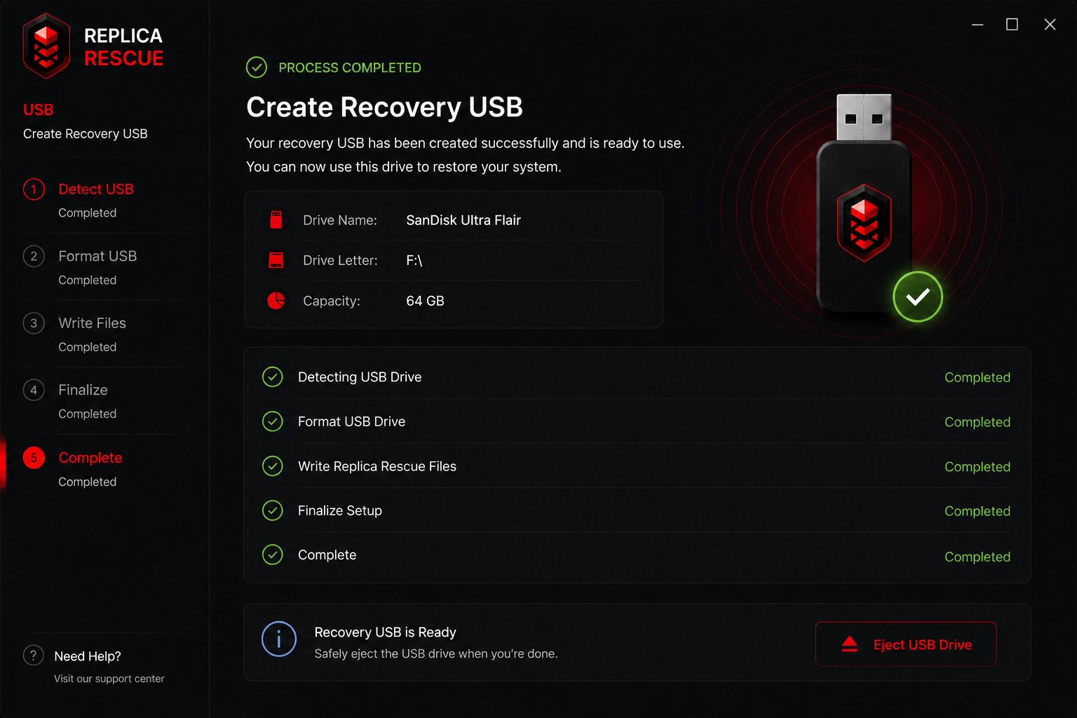 Recovery USB ready confirmation